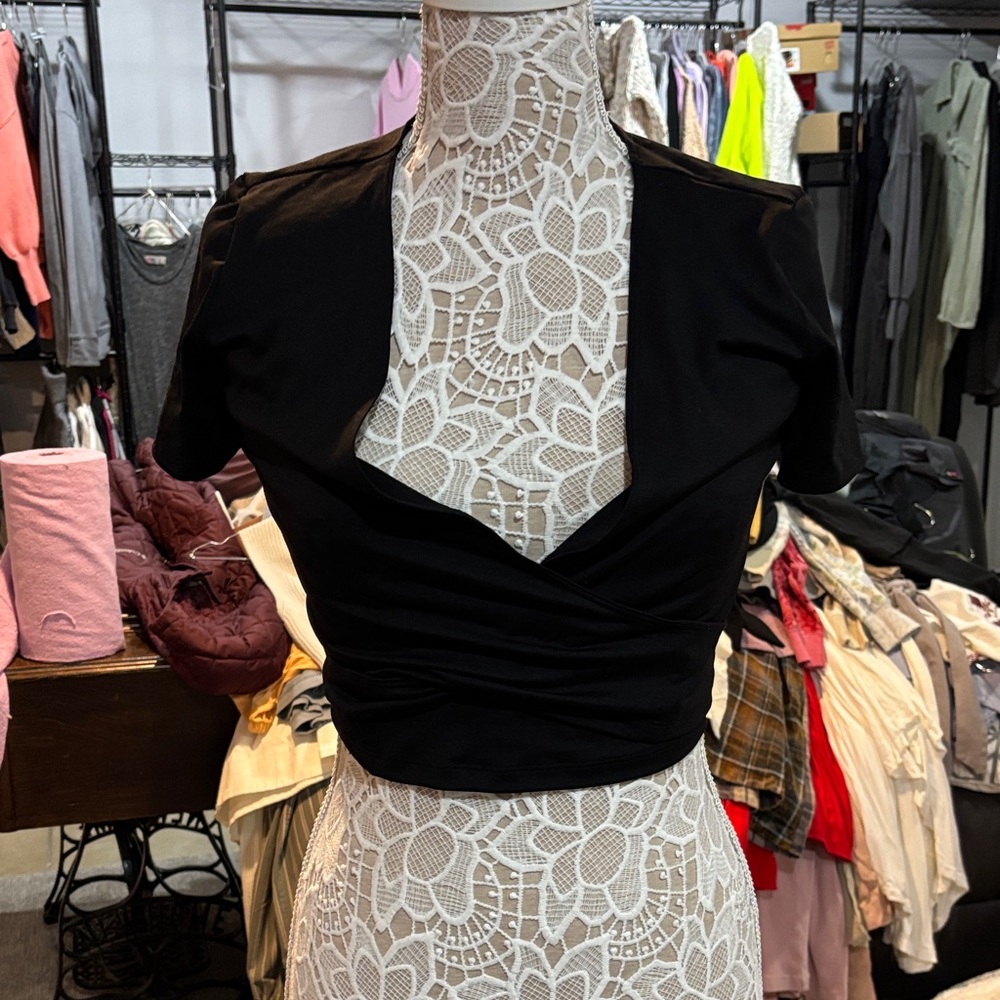 Victoria's Secret Black Wrap Crop Top with Short Sleeves